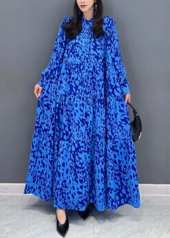 Loose Blue Button Print Patchwork Cotton Shirts Dresses Fall ML1452