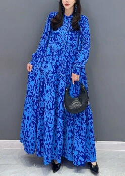 Loose Blue Button Print Patchwork Cotton Shirts Dresses Fall ML1452 -Ada Fashion Loose Blue Button Print Patchwork Cotton Shirts Dresses Fall3