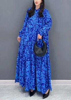 Loose Blue Button Print Patchwork Cotton Shirts Dresses Fall ML1452 -Ada Fashion Loose Blue Button Print Patchwork Cotton Shirts Dresses Fall4