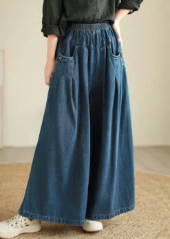 Loose Blue Pockets Elastic Waist Patchwork Denim Pants Fall ML2096