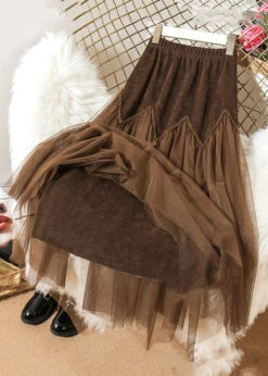 Loose Coffee Ruffled Elastic Waist Patchwork Tulle Skirts Spring AS1054 -Ada Fashion Loose Coffee Ruffled Elastic Waist Patchwork Tulle Skirts Spring3 43471aa6 079e 4c98 a612 0a17407b5395