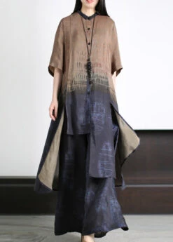 Loose Dark Blue Asymmetrical Patchwork Silk Long Shirts And Wide Leg Pants Two Piece Set Half Sleeve LY5135