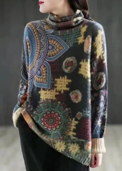 Loose Dark Grey Turtleneck Print Patchwork Mink Hair Knitted Sweaters Fall ML3350
