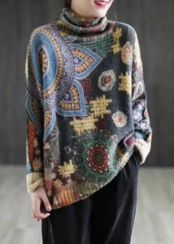 Loose Dark Grey Turtleneck Print Patchwork Mink Hair Knitted Sweaters Fall ML3350 -Ada Fashion Loose Dark Grey Turtleneck Print Patchwork Mink Hair Knitted Sweaters Fall Ada Fashion 171639766