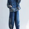 Loose Denim Blue Peter Pan Collar Print Coats And Lantern Pants Two Pieces Set Spring LY0659