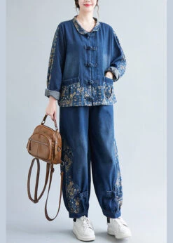 Loose Denim Blue Peter Pan Collar Print Coats And Lantern Pants Two Pieces Set Spring LY0659 -Ada Fashion Loose Denim Blue Peter Pan Collar Print Coats And Lantern Pants Two Pieces Set Spring3
