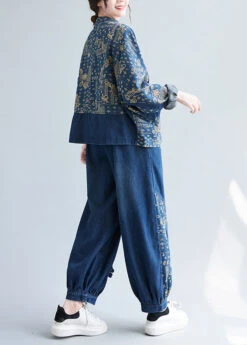 Loose Denim Blue Peter Pan Collar Print Coats And Lantern Pants Two Pieces Set Spring LY0659 -Ada Fashion Loose Denim Blue Peter Pan Collar Print Coats And Lantern Pants Two Pieces Set Spring4
