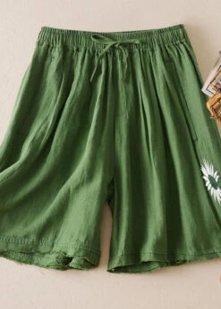 Loose Green Embroideried Pockets Patchwork Linen Shorts Summer LY7146