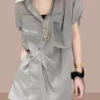 Loose Grey Peter Pan Collar Button Cotton Two Piece Set Summer GH1023