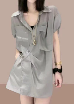 Loose Grey Peter Pan Collar Button Cotton Two Piece Set Summer GH1023