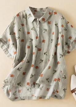 Loose Grey Print Peter Pan Collar Button Linen Blouse Top Summer LY8287
