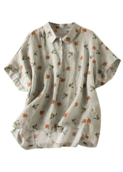 Loose Grey Print Peter Pan Collar Button Linen Blouse Top Summer LY8287 -Ada Fashion Loose Grey Print Peter Pan Collar Button Linen Blouse Top Summer Ada Fashion 149186940