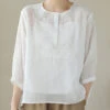 Loose White Embroideried Button Patchwork Cotton Blouse Summer ML1738