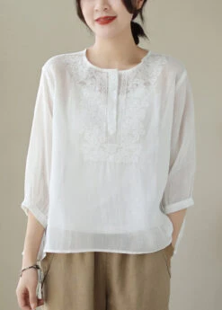 Loose White Embroideried Button Patchwork Cotton Blouse Summer ML1738