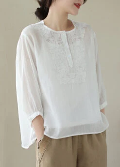 Loose White Embroideried Button Patchwork Cotton Blouse Summer ML1738 -Ada Fashion Loose White Embroideried Button Patchwork Cotton Blouse Summer3