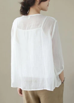 Loose White Embroideried Button Patchwork Cotton Blouse Summer ML1738 -Ada Fashion Loose White Embroideried Button Patchwork Cotton Blouse Summer4