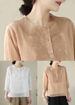 Loose White Embroideried Button Patchwork Cotton Blouse Summer ML1738 -Ada Fashion Loose White Embroideried Button Patchwork Cotton Blouse Summer5