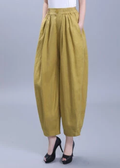 Loose Yellow Wrinkled Pockets Patchwork Linen Crop Pants Summer ML1884