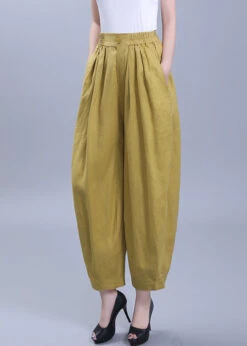 Loose Yellow Wrinkled Pockets Patchwork Linen Crop Pants Summer ML1884 -Ada Fashion Loose Yellow Wrinkled Pockets Patchwork Linen Crop Pants Summer3