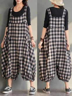 Plus Size Women Loose Casual Checkered Bib Overalls AA1024 -Ada Fashion Loose Casual Checkered Bib Overalls 1