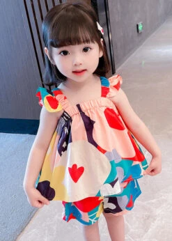 Lovely Slash Neck Print Cotton Girls Top And Shorts Two Pieces Set Summer LY6412