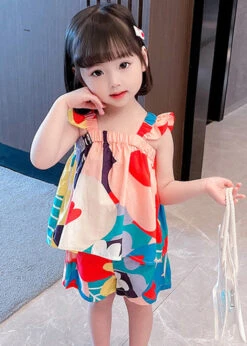 Lovely Slash Neck Print Cotton Girls Top And Shorts Two Pieces Set Summer LY6412 -Ada Fashion Lovely Slash Neck Print Cotton Girls Top And Shorts Two Pieces Set Summer3