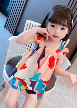 Lovely Slash Neck Print Cotton Girls Top And Shorts Two Pieces Set Summer LY6412 -Ada Fashion Lovely Slash Neck Print Cotton Girls Top And Shorts Two Pieces Set Summer4