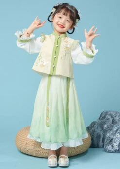 Lovely Yellow Green Stand Collar Embroideried Kids Top And Maxi Skirts Two Piece Set Fall ML0189