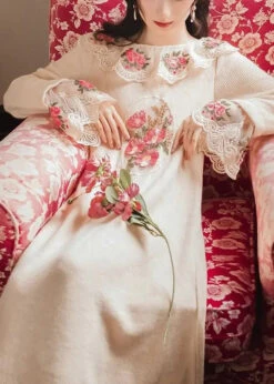 Modern Apricot Embroidered Floral Patchwork Tulle Knit Long Sweater Spring HA1054 -Ada Fashion Modern Apricot Embroidered Floral Patchwork Tulle Knit Long Sweater Spring Ada Fashion 182914787