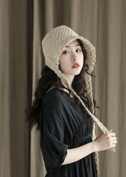 Modern Beige Lace Up Straw Woven Bucket Hat LC0551 -Ada Fashion Modern Beige Lace Up Straw Woven Bucket Hat3