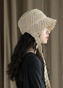 Modern Beige Lace Up Straw Woven Bucket Hat LC0551 -Ada Fashion Modern Beige Lace Up Straw Woven Bucket Hat4