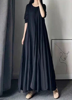 Modern Black O Neck Wrinkled Patchwork Cotton Maxi Dresses Fall LY9106