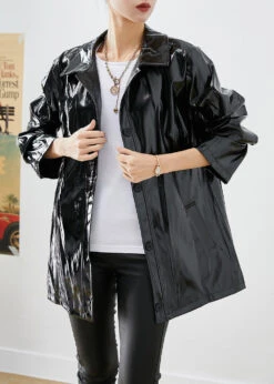 Modern Black Oversized Letter Print Faux Leather Coats Fall LY9253