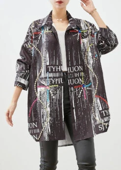Modern Black Oversized Print Gemstone Spandex Long Blouse Tops Fall ML0526