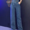 Modern Blue Asymmetrical Patchwork Button High Waist Denim Long Jumpsuits LY5249