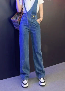 Modern Blue Asymmetrical Patchwork Button High Waist Denim Long Jumpsuits LY5249 -Ada Fashion Modern Blue Asymmetrical Patchwork Button High Waist Denim Long Jumpsuits2