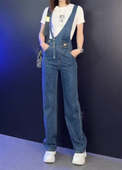 Modern Blue Asymmetrical Patchwork Button High Waist Denim Long Jumpsuits LY5249 -Ada Fashion Modern Blue Asymmetrical Patchwork Button High Waist Denim Long Jumpsuits4