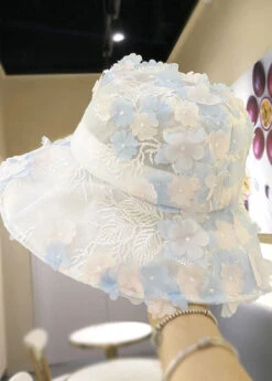 Modern Blue Floral Mbroidery Tulle Bucket Hat LC0549