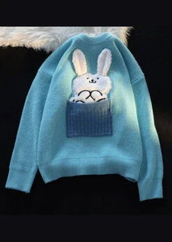 Modern Blue O Neck Character Thick Patchwork Knit Sweater Fall ML2591