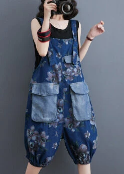 Modern Blue Slash Neck Print Patchwork Button Jumpsuits Summer LY3941