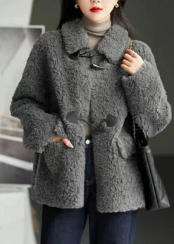 Modern Grey Peter Pan Collar Pockets Patchwork Wool Coats Winter LY9645