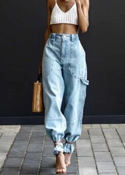 Modern Light Blue Elastic Waist Oversized Denim Pants Summer LY4022 -Ada Fashion Modern Light Blue Elastic Waist Oversized Denim Pants Summer3
