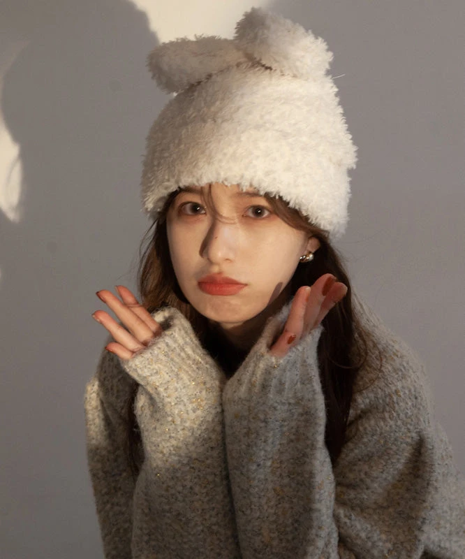 Modern White Rabbit Ears Warm Knit Bonnie Hat LY538 2 Modern White Rabbit Ears Warm Knit Bonnie Hat LY538