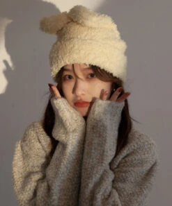 Modern White Rabbit Ears Warm Knit Bonnie Hat LY538 8 Modern White Rabbit Ears Warm Knit Bonnie Hat LY538 -Ada Fashion Modern White Rabbit Ears Warm Knit Bonnie Hat3