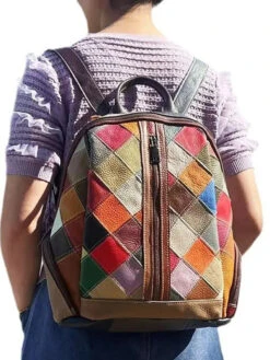 Multicolor Leather Spliced Zipper Backpack