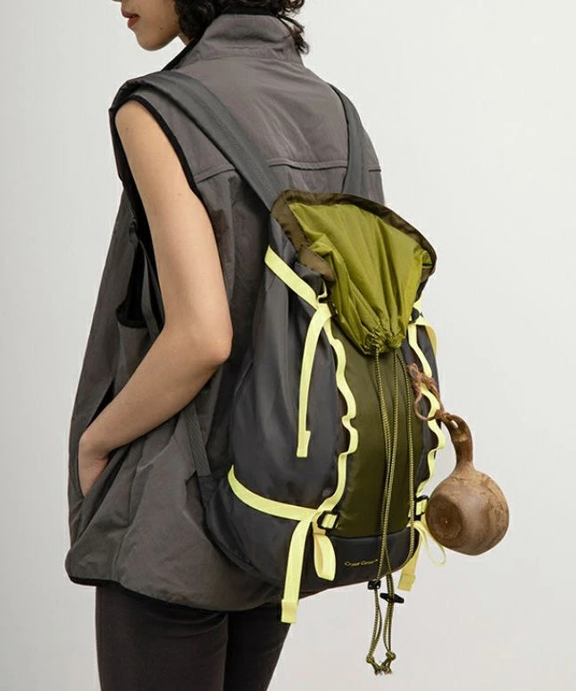 Natural Blackish Green Drawstring Patchwork Outdoors Backpack Bag ML2327 5 Natural Blackish Green Drawstring Patchwork Outdoors Backpack Bag ML2327 - Image 3