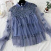 Natural Blue Hollow Out Embroideried Patchwork Tulle Two Piece Set Spring LY1472