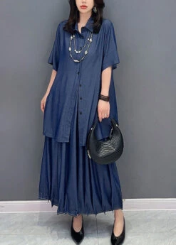 Natural Blue Peter Pan Collar Button Solid Shirts And Maxi Skirts Two Piece Set Summer LY4391 -Ada Fashion Natural Blue Peter Pan Collar Button Solid Shirts And Maxi Skirts Two Piece Set Summer3