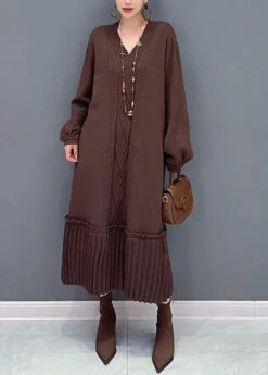Natural Brown V Neck Patchwork Knit Maxi Sweater Dress Fall ML3186