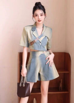 Natural Gradient Color Asymmetrical Denim Tops And Shorts 2 Piece Outfit Summer LY7772